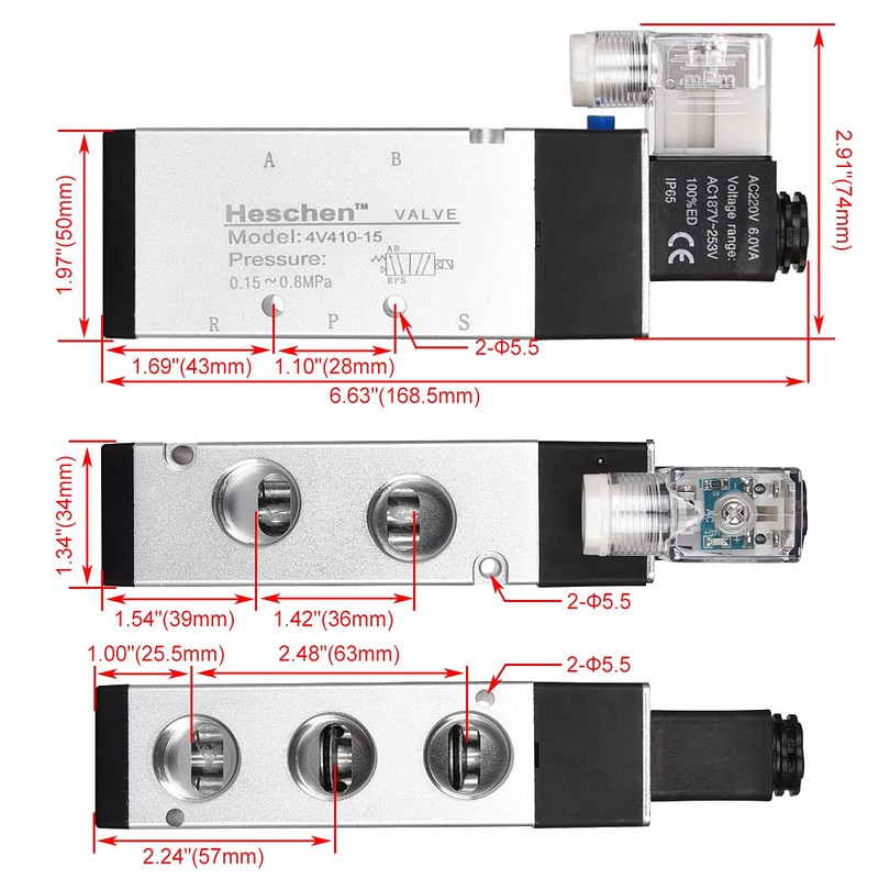 Heschen Electrical Pneumatic Solenoid Valve, 4V410-15, 220VAC, PT1/2'' Port, 5