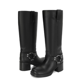XBKXMK Women's Knee High Riding Boots Round Toe Block Heel Fashion Motorcycle Booties Side Zipper Wide Calf Biker Riding Boots with Studs Black
