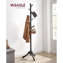 VASAGLE Solid Wood Coat Rack, Free Standing Tree-Shaped Coat Rack with 8 Hooks, 3 Height Options, for Clothes, Hats, Bags, Living Room, Bedroom, Home Office, Black URCR001B01