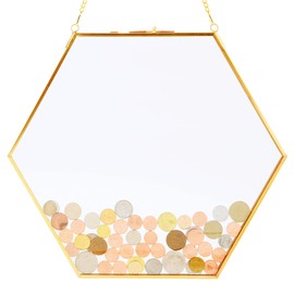 Gold Glass Frame for Coin Display, Coins Display Stands, Wall Hanging Coin Collecting Holders, Currency Dollar Collection Holders for Collectors, Glass Piggy Bank (Hexagonal)