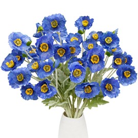 VIKINGS PANDA 12PCS Poppy Flowers Artificial 13" Real Touch Stems Faux Poppies Silk Flowers for Home Decor Indoor (Dark Blue)