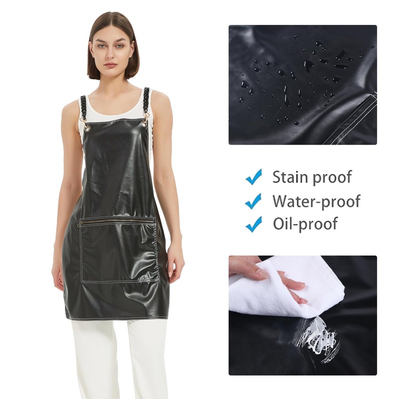 MIKI WELL PU Leather Waterproof Aprons Cross-Back Adjustable With Pockets