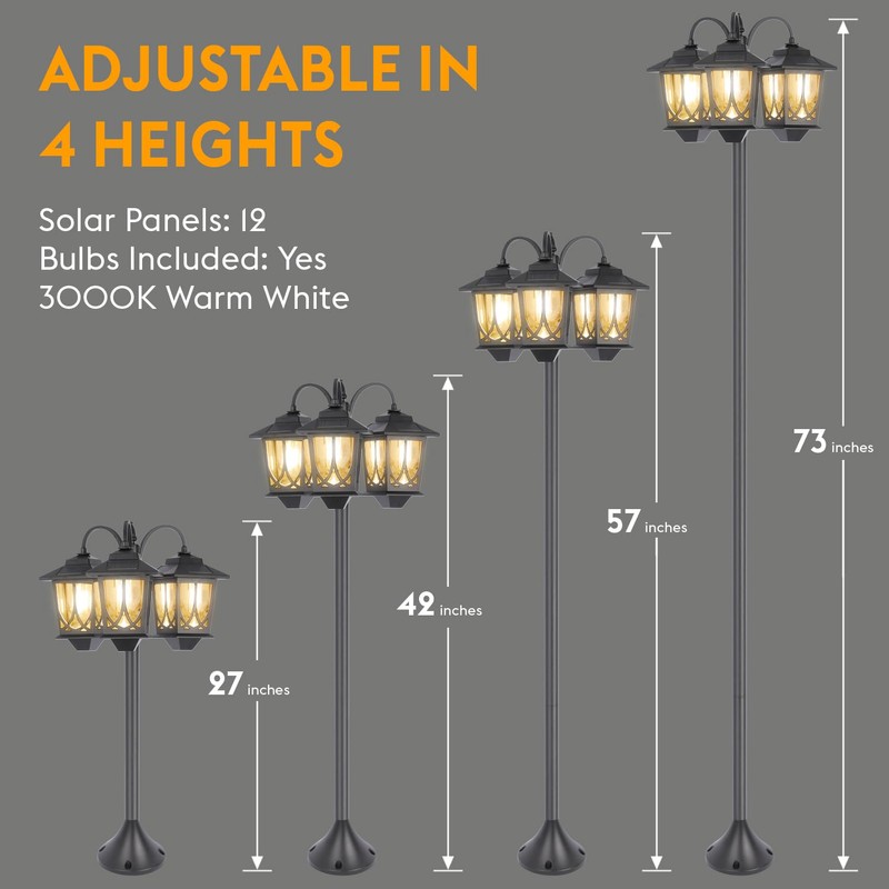 SAKSIAPRO 3-Head Solar Lamp Post Light, 73" Solar Lights Outdoor