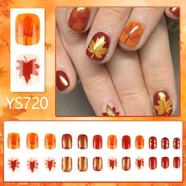 Vopintpy Short Fall Press on Nails Square Thanksgiving Fake Nails Autumn Maple Leaf Acrylic Glue on Nail Glossy Maple Leaves Stick on Nail for Women DIY Manicure