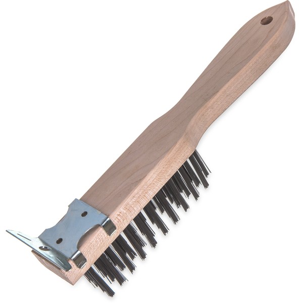 Carlisle FoodService Products 4577900 Heavy Duty Wood Handle Scratch Brush with Scraper, Carbon Steel Bristles, 11" x 2.5"