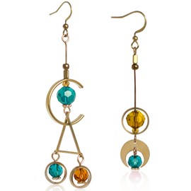 arete geométricos asimétricos de luna para mujer, diseño único de semicírculo y triángulo en latón y vidrio multicolor, Latón, No es una piedra preciosa
