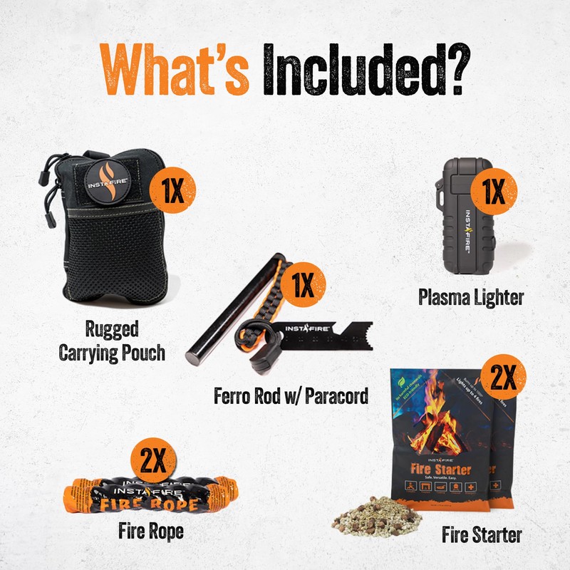 InstaFire Tactical Fire Starting Kit (Includes Rechargeable Lighter, Ferro Rod,