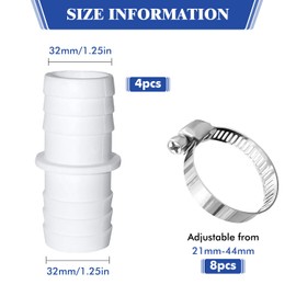 RCYHCY 4 x Hose Connectors 32 mm to 32 mm Diameter Set, 4 Pieces Pool Hose Adapter, Double Hose Nozzle, Hose Connector Pool, with 8 Pieces Stainless Steel Hose Clamps, for Garden and Swimming Pool