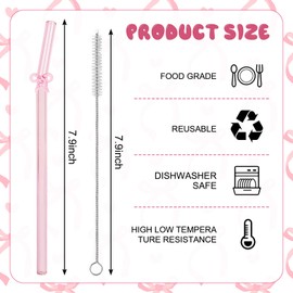 FYSUIMU 6Pcs Pink Bow Reusable Glass Straw with Charm Cute Coquette Clear Drinking Straw with 2 Cleaning Brush for Bachelorette Party Decor Drinkware Accessories, 7.9 in x 8 mm