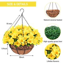 Ouddy Decor Artificial Hanging Flowers, Fake Silk Azalea Plants with Coconut Lining Hanging Baskets Outdoor for Spring Summer Yard Patio Front Porch Home Decorations, Yellow