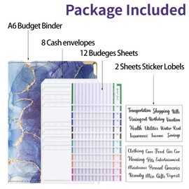 Budget Binder, A6 Marble PU Leather Binder, Money Organiser, Budget Planner with 8 Zip Cash Envelopes, 12 Issues Budget Sheets for 2 Letter Label Stickers (Dark Blue)