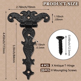 Murtenze 4 PCS Antique T-Strap Hinge, Black Decorative Barn Tee Hinge Zinc Alloy Barn Door Hinges with Screws for Furniture Cabinets Wooden Box Jewelry Case, 4.45" x 2.76"