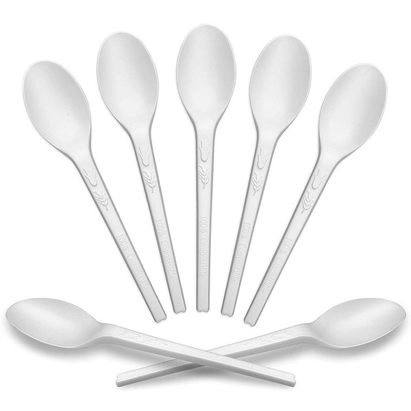 150 Count, 100% Compostable Spoons 6.5" CPLA Durable and Heat Resistant, Disposable & Biodegradable Alternative to Plastic Spoons Cornstarch Flatware White Spoons