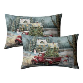 Kwlegh Christmas Lumbar Pillow Covers 12x20 Red Truck with Christmas Trees Snowman Rectangle Pillow Case Xmas Holiday Waist Cushion Case for Bedding Couch Patio Bench Set of 2