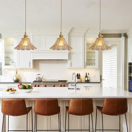 ZAUKNYA Pendant Lights Kitchen Island, Amber Flower Glass Pendant Lighting, Gold Brass Vintage Adjustable Small Hanging Light for Kitchen Island Dining Room Bedroom Hallway (Flower-Amber)