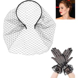 JRGTDS 1920s Mesh Veil with Glove Vintage Fascinators Bridal Wedding Tea Party Veil for Women Cocktail Party (Black)