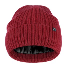 Hat Hut Wool Beanie Satin Lined Winter Hats Slouchy Beanie with Silk Lining Warm Wool Knit Ski Hat Cuffed Cap Women Men (UK, Alpha, One Size, Dark Red)