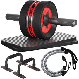 Ab Rollers Wheel Kit, Exercise Wheel Core Strength Training Abdominal Roller Set with Push Up Bars, Resistance Bands, Knee Mat Home Gym Fitness Equipment for Abs Workout - Color: Red