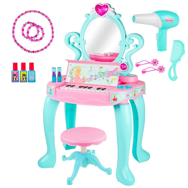 Play Vanity Sets for Girls | Toddler Makeup Vanity Playset with Mirror and Makeup Table for Kids with Piano | Beauty Set with Fashion & Makeup Accessories
