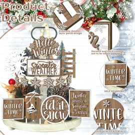 FairySandy Winter Tiered Tray Decor Winter Snowman and Snowflakes Wooden Signs Farmhouse Winter Tiered Tray Decorations Set Wood Table Decor for Winter Holiday Home Kitchen(Rustic Style)