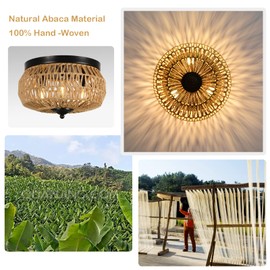 3-Lights Rattan Light Fixtures Ceiling Mount, Boho Farmhouse Woven Flush Mount Ceiling Light, Hand-Worked Cage Shade Rattan Ceiling Lights for Bedroom Kitchen Foyer Porch, Rustic Hallway Light Fixture