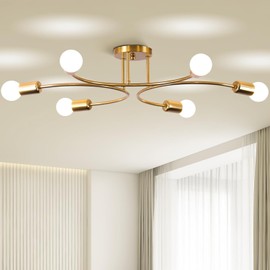 FRIXCHUR Gold Sputnik Chandelier Ceiling Light Fixture, 6-Light Mid Century Industrial Metal Flush Mount Ceiling Lights Modern Bedroom Light Fixtures for Living Room Kitchen