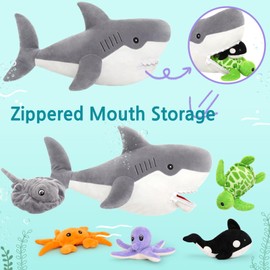 MorisMos 23in Shark Stuffed Animal with 5 Sea Stuffed Animal Friends - Turtle, Whale, Octopus, Stingray, Crab Plush, Shark Plush Toy with 5 Babies Inside, Plush Shark Pillow for Sea Animal Lovers