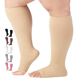 Compression Socks for Women and Men 20-30 mmHg - Wide Calf Toeless Compression Stockings with Open Toe for Circulation during Travel, Airplane, Nurses - Beige, 4X-Large - AB211