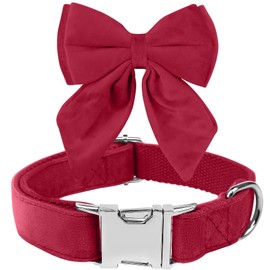 Velvet Dog Collar with Sailor Bow - Puppy Collar with Zinc Alloy Safety Buckle, Adjustable Soft Dog Bow Tie Collar, Detachable Breakaway Dog Collar w/Metal D-Ring for Small Medium Large Dogs