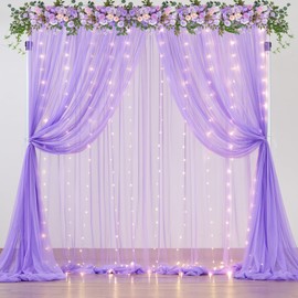 Sheer Curtains with Lights String Purple Tulle Curtain for Living Room Bedroom Parites Wedding Birthday Decorations 2 Panels 60" Wｘ96 L