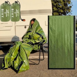 JUBSOSCAMP Emergency Sleeping Bag, Polyester Film Bivy Sack Survival Bag with Drawstring Dag and Whistle for Earthquakes, Hurricane, Hiking, Camping (2 Green Single Sleeping Bag)