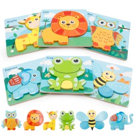 Wooden Puzzle Toddler Toys, 6 PCS Animals Jigsaw Puzzles, Montessori Educational Learning Toys for Toddlers 3-5 years old, Birthday Gift for Kids