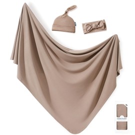 GRSSDER Newborn Swaddle Blanket, Ultra Soft Jersey Receiving Blanket with Matching Headband and Beanie Set 33×44", Stretchy Baby Neutral Swaddle Wrap for Girls and Boys