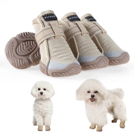 Furmate Dog Shoes for Small Dogs, Breathable Puppy Dog Boots & Paw Protectors for Summer Hot Pavement Winter Snow, Dog Booties with Reflective Strips, Anti-Slip Sole for Hardwood Floors (Beige-Size1)