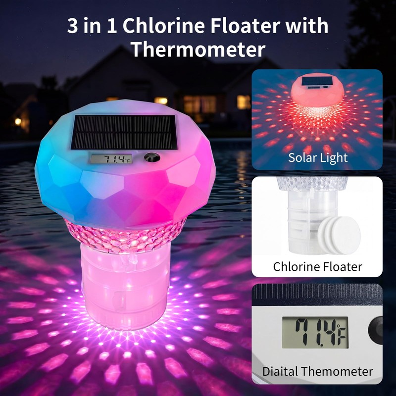 Upgrade 3-in-1 Solar Pool Light Floater, Chlorine Dispenser with Digital