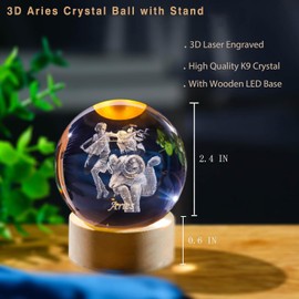 QIANCHANG 3D Etched Aries Crystal Ball with Wooden Light Base, 60mm Glass Constellation Sphere Decorative Balls Paperweight Gift