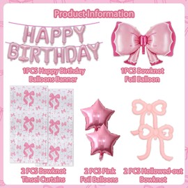 Kawaii Theme Birthday Decorations Include Pink Bow Balloons, Fringe Curtains Tinsel, Pink Bow Theme Birthday Party Supplies for Girls Baby Shower