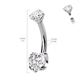 Pierced Owl 14GA G23 Implant Grade Titanium Prong Set CZ Crystal Heart Internally Threaded Belly Button Ring (Silver Tone/Aqua)