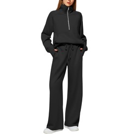 Casly Lamiit Lounge Sets for Women Trendy Half Zip Sweatshirt Wide Leg Sweatpants Lounge Matching Set Tracksuit Sweatsuit 2024 Fall Winter Clothes Set 2 Piece Outfits Black M