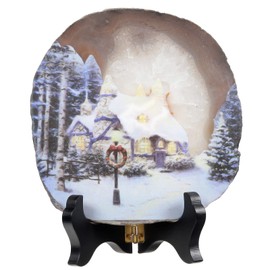 Nupuyai Artistic Print Natural Agate Slice with Wooden Stand for Home and Office Decoration Irregular Agate Stone Slab for Collection Minerals Snow Night