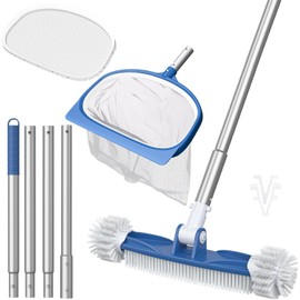 CKE Swimming Pool Cleaning Kit, Including Telescoping Swimming Pool Pole, 18.5" Rotatable Pool Brush Head, Fine Mesh Leaf Skimmer Net, 2-in-1 Pool Skimmer Net for Inground & Above Ground Pools