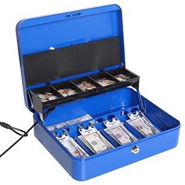 Jssmst Large Locking Cash Box with Money Tray, Lock Box with Security Cable Metal Money Box with Key Lock, Blue