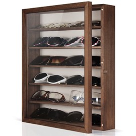 TJ.MOREE Sunglasses Organizer Storage Wall Mounted: 13 x 15.6 inches Eyewear Display Case Rustic Wood Eyeglasses Holder Large Glasses Storage Box, Brown