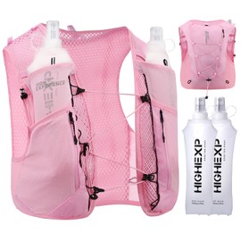 HIGH EXPERIENCE Running Vest Lightweight 4L Trail Hydration Backpack Pack with 2 17oz Soft Flask Jogging Marathon Cycling Hiking for Women Men (Pink, Medium)