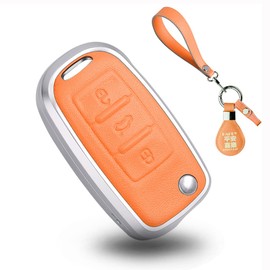 SANRILY Marco de Metal Plateado y Funda de Cuero Genuino para Llavero VW Tiguan Jetta MK1-MK6 Passat Golf GTI Beetle sin Llave, protección Completa, Carcasa Inteligente con Llavero Naranja