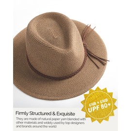 FURTALK Sun Hats for Women Summer Wide Brim UV UPF 80+ Panama Fedora Foldable Packable Straw Beach Hat Coffee Brown