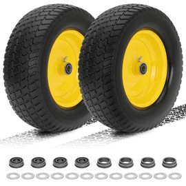 2 Pack 15x6.00-6 Flat Free Lawn Mower Tire and Wheel, 15" Solid Front Tires with 3" Centered Hub, 3/4" & 5/8" Bearings and 1" Bushings, Compatible with John Deere Husqvarna Riding Mowers Lawn Tractors