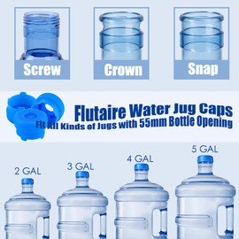 Flutaire [6-Pack] Water Jug Cap for 2,3,4,5 Gallon Water Bottles with 55-60mm Standard/Screw/Crown Tops, Food-Grade Silicone Reusable Water Bottle Caps, Leak-Free Water Bottle Dispenser Caps Lids