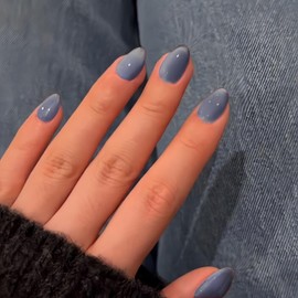 KQueenest Cat Eye Press on Nails Short Oval, 30 Pcs Dark Navy Blue Fake Nails Short Round, Glitter Glass Glue on Nails Almond, Reusable Shiny Chrome False Nails for Women Summer Decoration