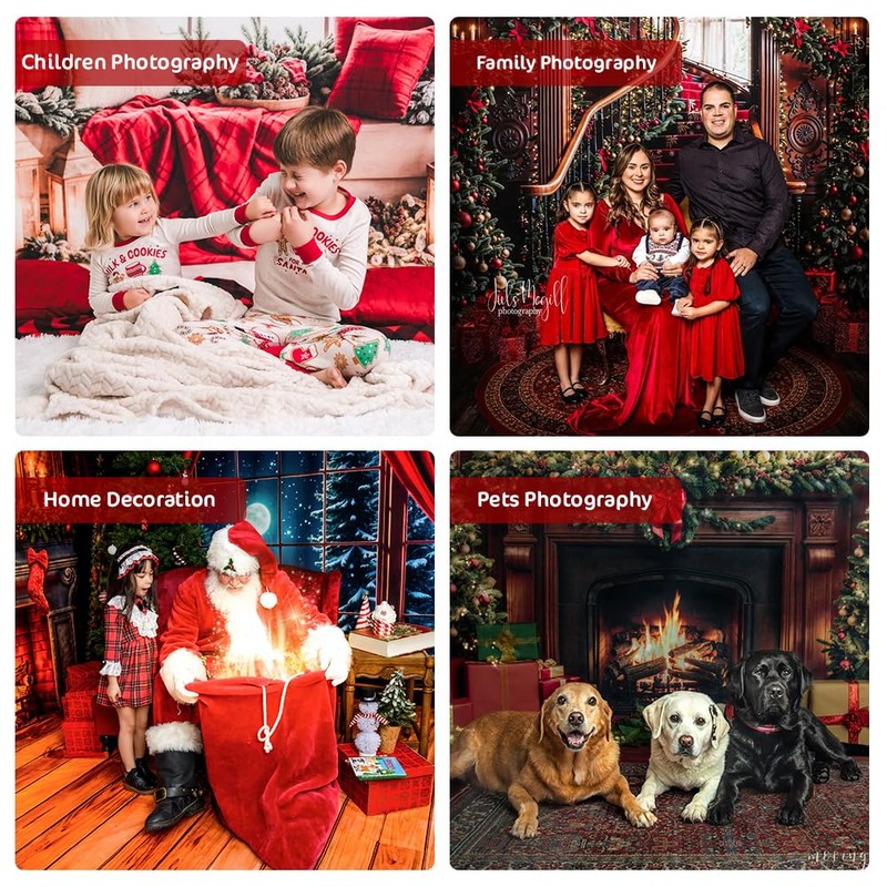 Red Curtain Christmas Fireplace Backdrop with Candlelit Wreath Holiday Photo